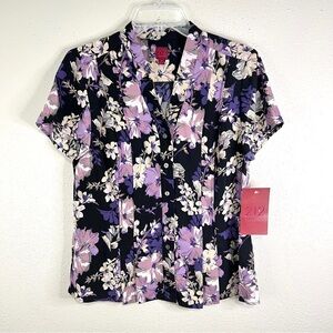 NEW! 212 COLLECTION Womens Pin Tuck‎ Shirt Size M Purple Floral Button Up Office